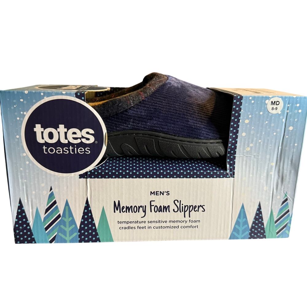 Totes Toasties Memory Foam Slippers, Navy Corduroy With Plaid, Men's 8-9, NWT